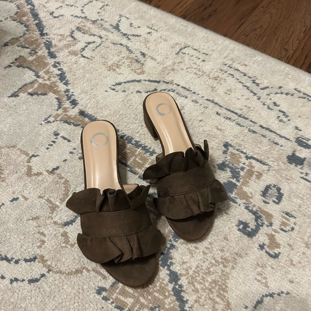 Brown Ruffle Slide Sandals - Picture 2 of 4